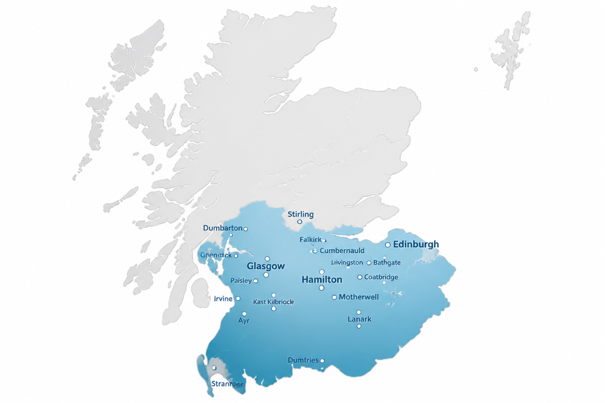 Map showing Glasgow and Central Scotland towns covered by Wet Wall Pros bathroom fitters